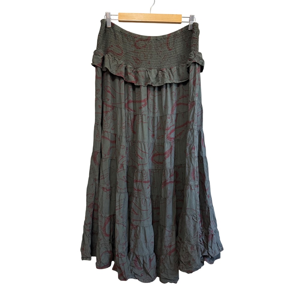 Earthbound Trading Co Maxi Skirt Womens XL Green Paisley Excellent Tiered Boho
